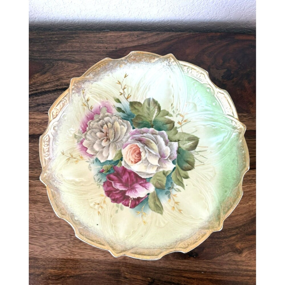 Antique Hohenzollern China Germany Hand Painted Gold Pink Roses Bowl 10"
